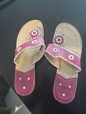Jack Rogers Pink Floral Leather Thong Sandals